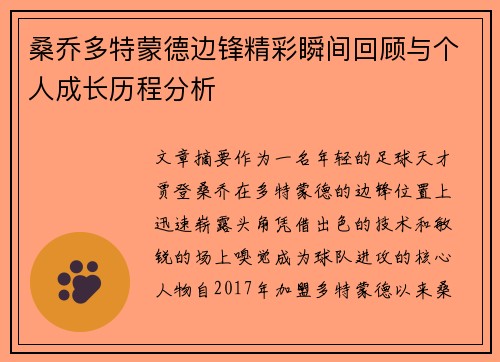 桑乔多特蒙德边锋精彩瞬间回顾与个人成长历程分析